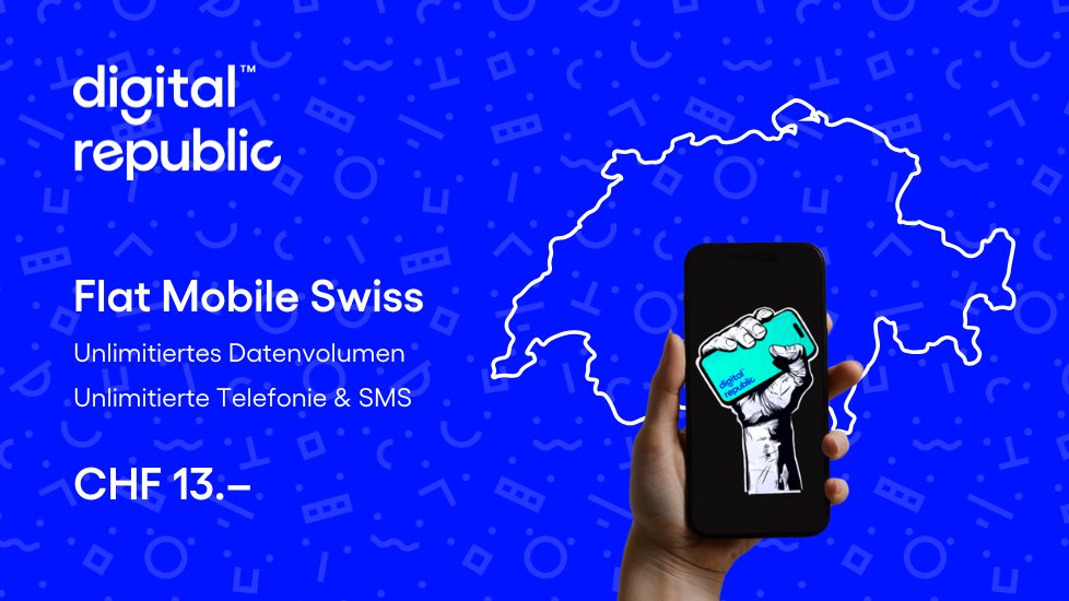 DigitRep's tweet card. Flat Mobile Swiss bietet unlimitiert Daten, Telefonie und SMS in der Schweiz für nur CHF 13.–!