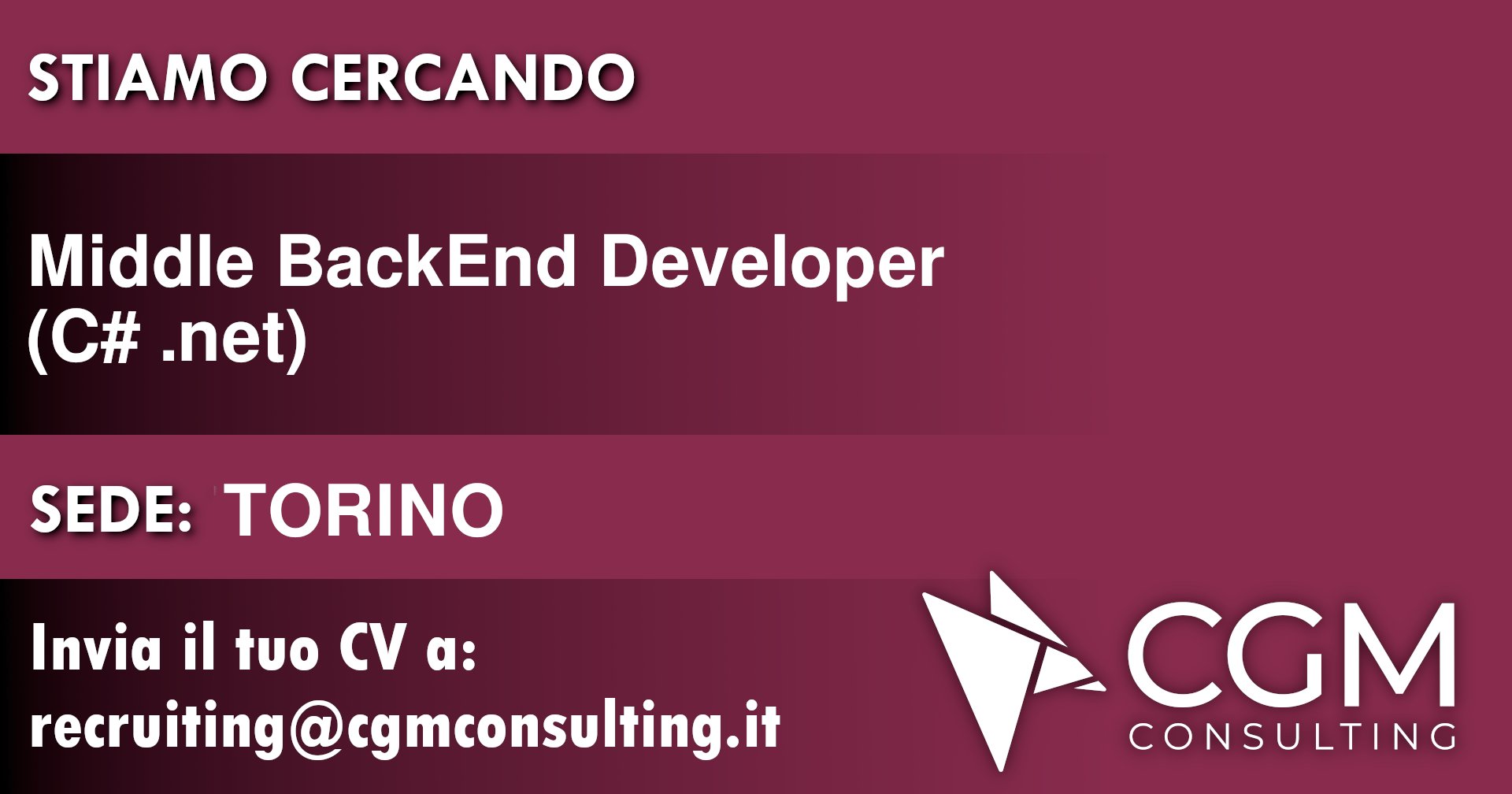 CGMConsulting's tweet card. CGM Consulting ricerca Middle Back End C#/.Net Developer a Torino con almeno 2 anni di esperienza da inserire in un progetto.