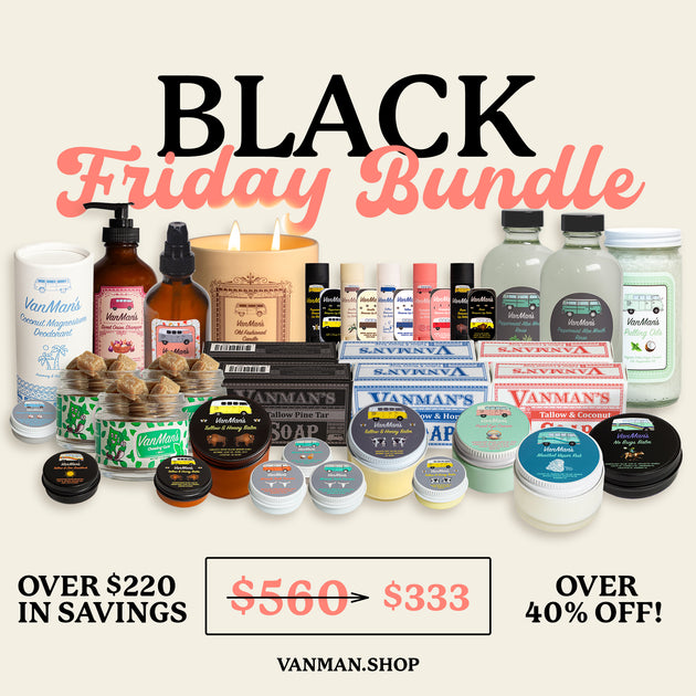 Man_with_a_van's tweet card. THE BOSS HOG BUNDLE is mega VanMan haul of nearly everything we make! Over $220 savings over 40% off It includes: Pearl Eye Cream, Tallow Balm, Bison Balm, 3x Remineralizing Chewing Gum, 2x Pine Tar...