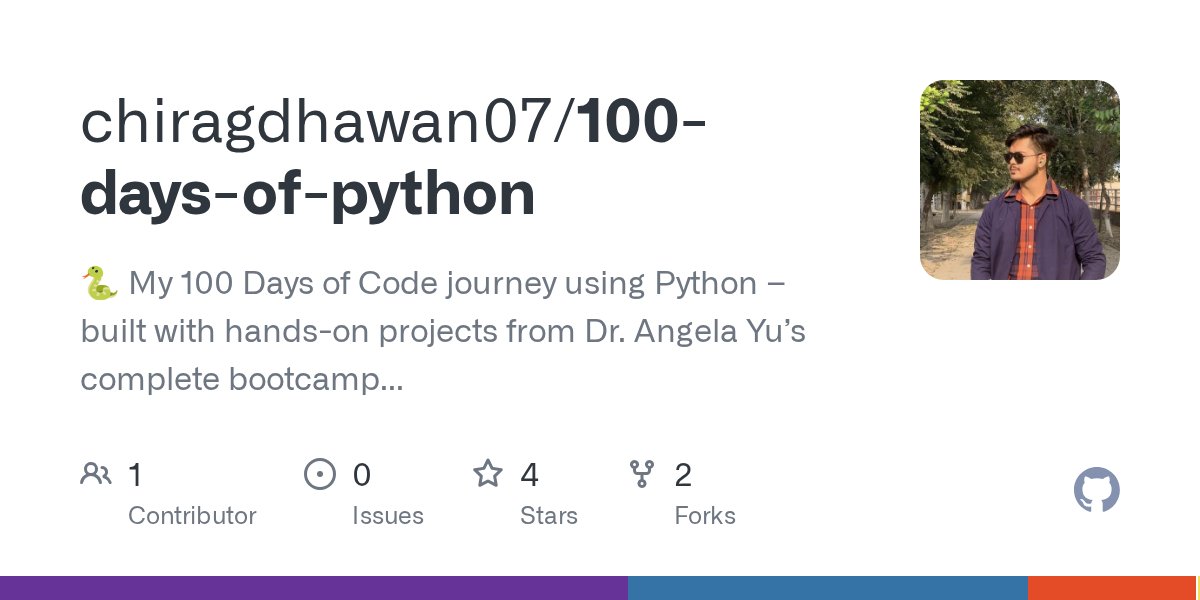 chiragdhawan07's tweet card. 🐍 My 100 Days of Code journey using Python – built with hands-on projects from Dr. Angela Yu’s complete bootcamp. - chiragdhawan07/100-days-of-python