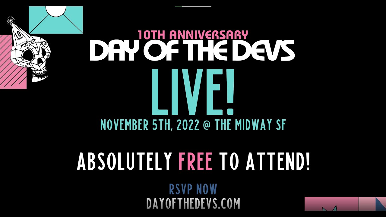 dayofthedevs's tweet card. Day of the Devs 10th Anniversary - LIVE AND IN-PERSON - November 5th