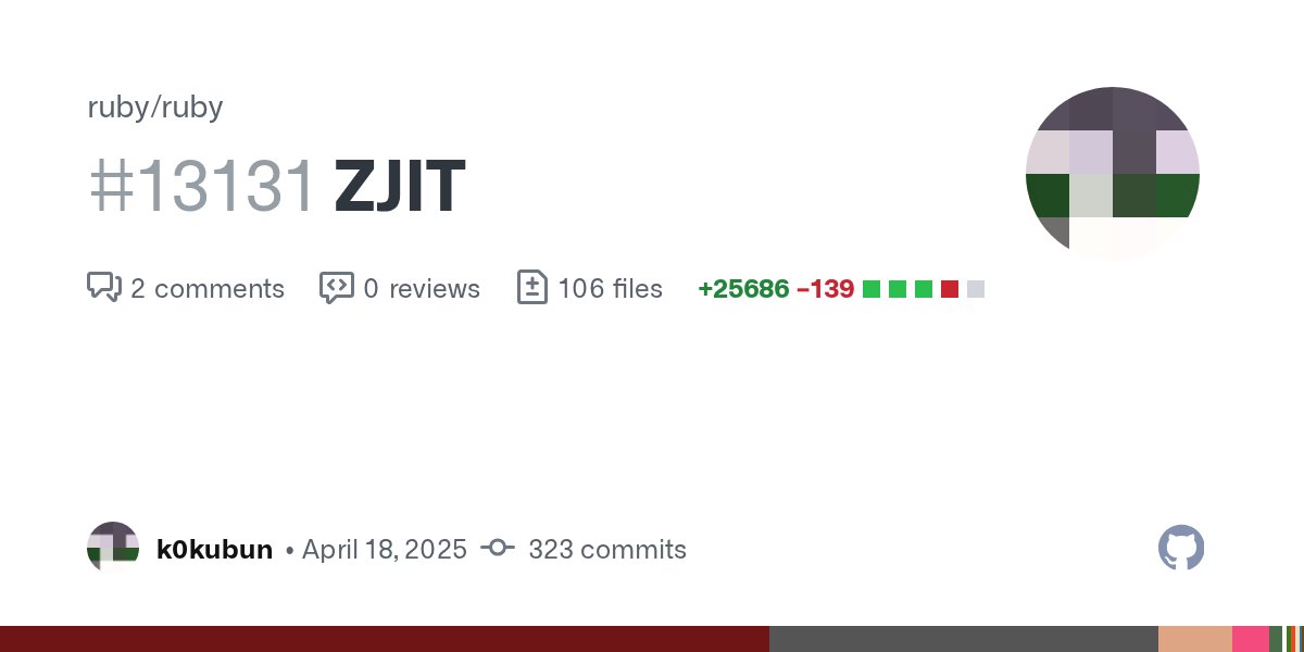 k0kubun's tweet card. This PR upstreams ZJIT to CRuby. [Feature #21221] As the ticket clarifies, ZJIT is not yet ready for evaluation; it doesn't implement side exits or invalidations, so most benchmarks crash. ...