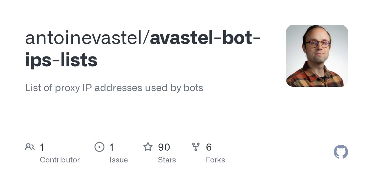 xopek59's tweet card. List of proxy IP addresses used by bots. Contribute to antoinevastel/avastel-bot-ips-lists development by creating an account on GitHub.