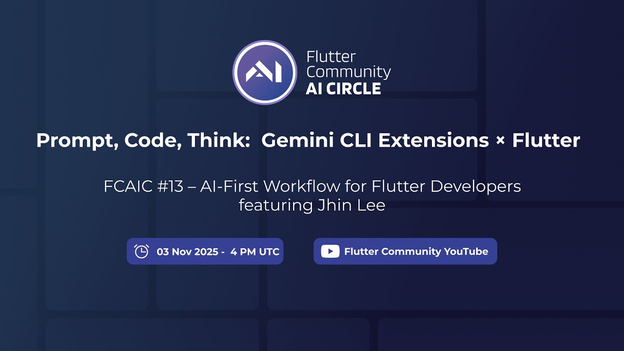 FlutterComm's tweet card. FCAIC #13 – Prompt, Code, Think: Gemini CLI Extensions × Flutter with...