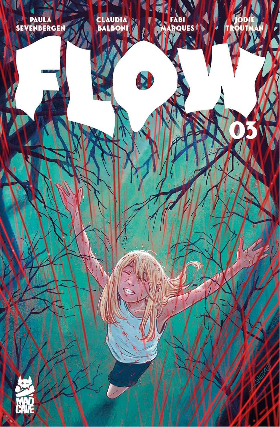 CTbrthrhd's tweet card. #horror - #horrorcomics - #Flow - #MadCaveStudios - @MadCaveStudios - #PaulaSevenbergen - #ClaudiaBalboni - Two tense timelines converge! As the bullying of naive young Dara continues, the bizarre...