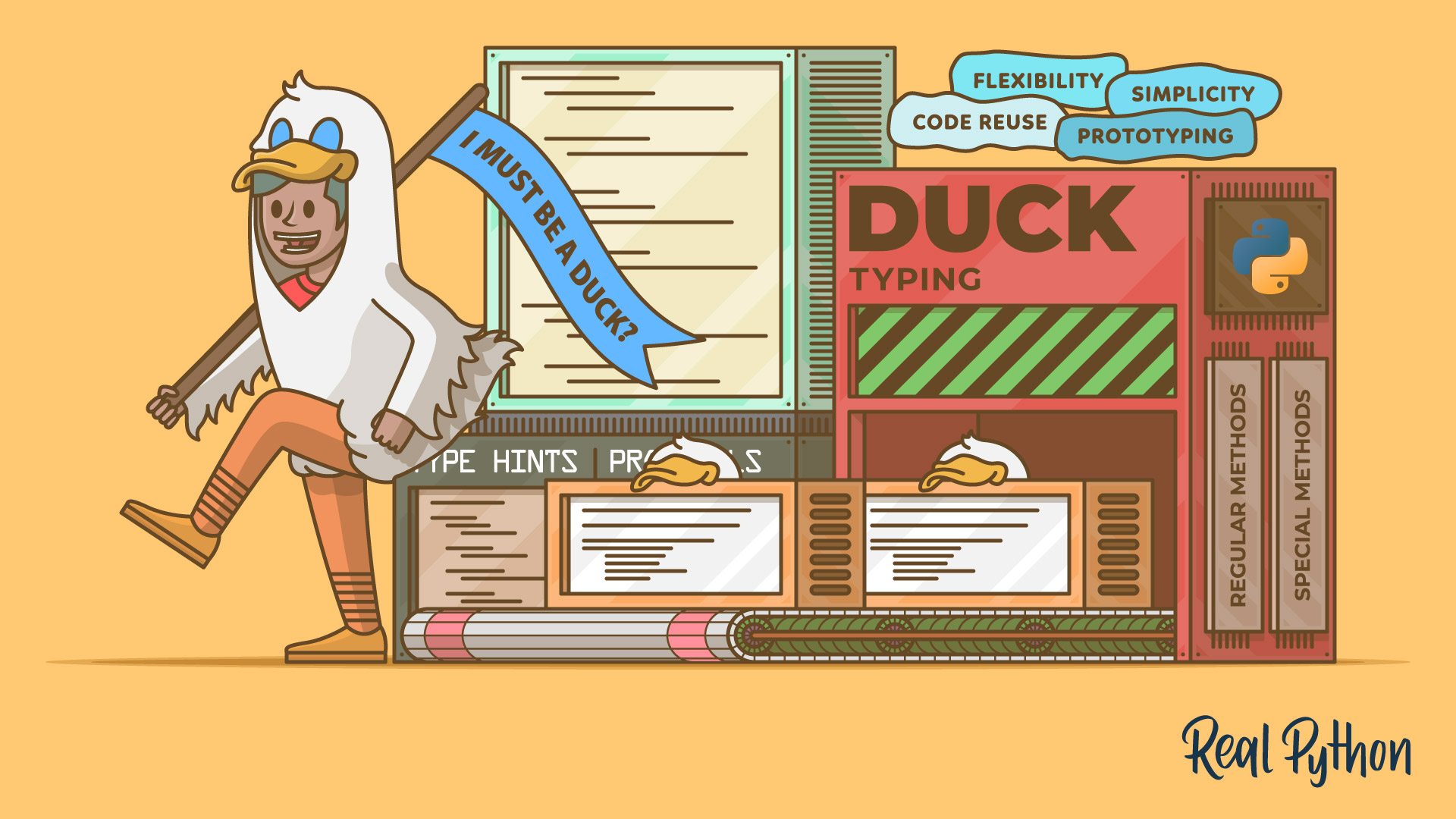 realpython's tweet card. In this tutorial, you'll learn about duck typing in Python. It's a typing system based on objects' behaviors rather than on inheritance. By taking advantage of duck typing, you can create flexible...