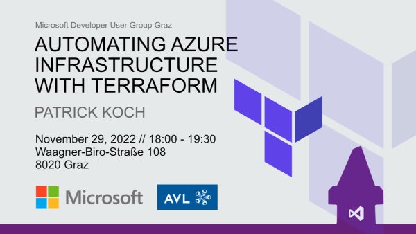 PK_Koch's tweet card. In this session, Patrick Koch will show how resources can be provisioned, modified and destroyed in *Azure* by using *Terraform*. Discover how an *Infrastructure as Code* a