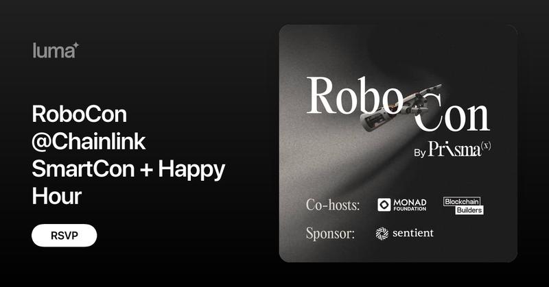 RoboCon_AI's tweet card. RoboCon by PrismaX, co-hosted with the Monad Foundation and Stanford Blockchain Builders (BBF), with sponsorship from Sentient,  is PrismaX’s signature event…
