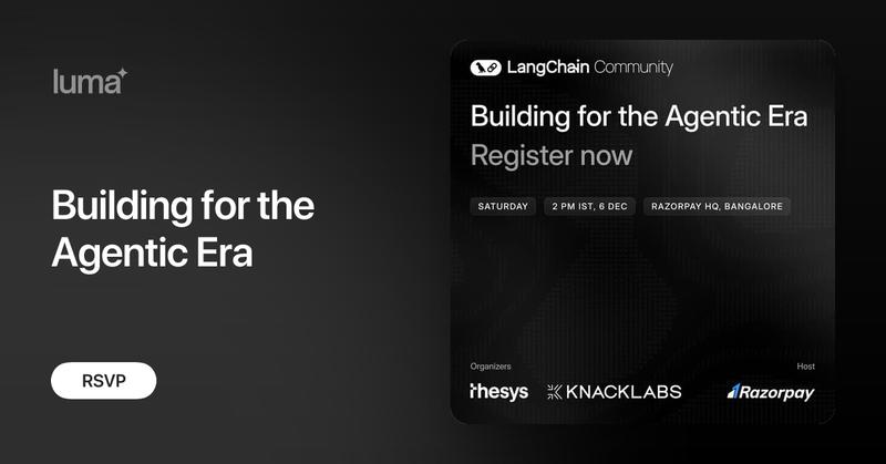 RazorpayTech's tweet card. About Event We are excited to invite you to this AI meetup hosted by Thesys & Knacklabs, in partnership with Razorpay and LangChain. This event brings together…