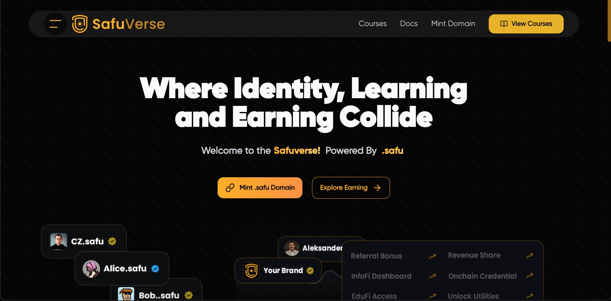 SafuVerse's tweet card. Where EduFi Meets Creator Markets - Powered By .safu - Try BNB Chain dApp Safuverse now.