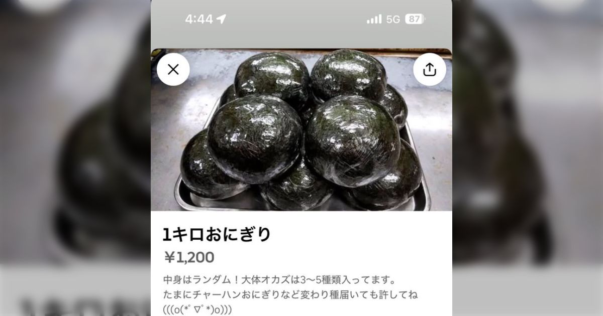 technerd's tweet card. 小腹すいたからおにぎりまとめて頼もうと思ってUberしたんだけどさ この書き方と写真的に何個かわかれて来ると思うじゃん。 そしたらこんなの来てビックリしてる( i꒳i ) ちゃんと美味しく頂きます。笑 デカすぎる うそー！デカっ！！！笑うしかないやつキターーーー🤣🤣🤣🤣🤣🤣🤣🤣🤣🤣🤣🤣🤣🤣🤣🤣🤣😇🤣🤣🤣