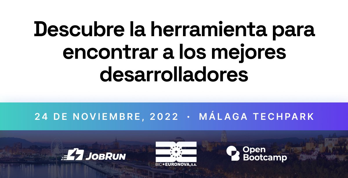 JobRun_Dev's tweet card. Una evento de OpenBootcamp y JobRun en el que descubrir una herramienta para encontrar los mejores desarrolladores del planeta.