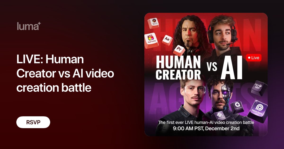 s_mohinii's tweet card. Are AI video agents just a hype, or a new standard for creators? We're putting our AI to the ultimate test with a LIVE video creation battle between pro human…