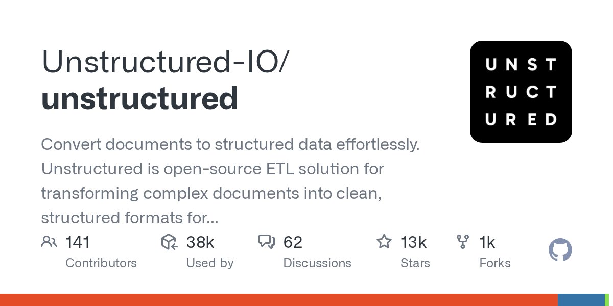 ronunstructured's tweet card. Convert documents to structured data effortlessly. Unstructured is open-source ETL solution for transforming complex documents into clean, structured formats for language models. Visit our website...