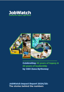 JobWatchOrg's tweet card. JobWatch 2024-25 Impact Report: key achievements in workplace rights including discrimination issues, insecure work, and demand for trusted support.