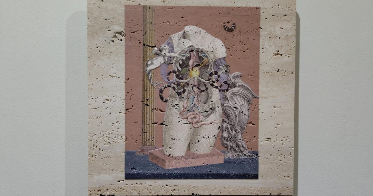 art_ex_japan's tweet card. 若手のアーティスト、スズキエイミさんの新作個展が東京・渋谷の「Galerie GEEK/ART（ギャラリー ギーク アート）」で開かれています。古典美術にコラージュとペインティングを施す独自の作風でファンを広げているスズ