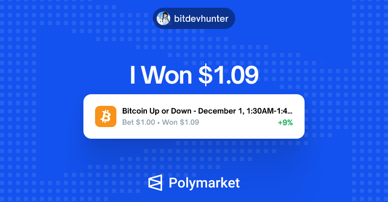 bitdevhunter's tweet card. Check out my winning bets on Polymarket - I just redeemed $1.09 from 1 market.