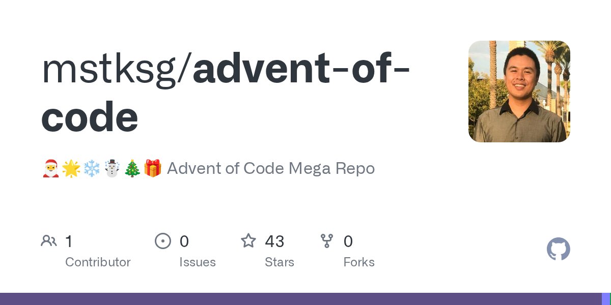 mstk's tweet card. 🎅🌟❄️☃️🎄🎁 Advent of Code Mega Repo. Contribute to mstksg/advent-of-code development by creating an account on GitHub.