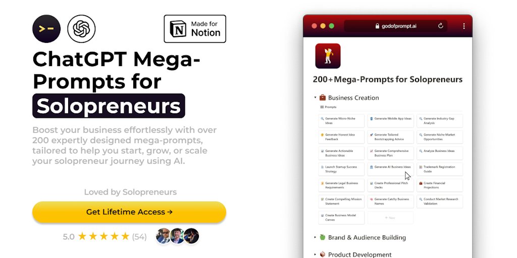 godofprompt's tweet card. Run your one-person business on autopilot with 100+ best Mega-Prompts for ChatGPT, Claude & Gemini AI. Use hand-crafted, high quality prompts to boost your productivity and efficiency!