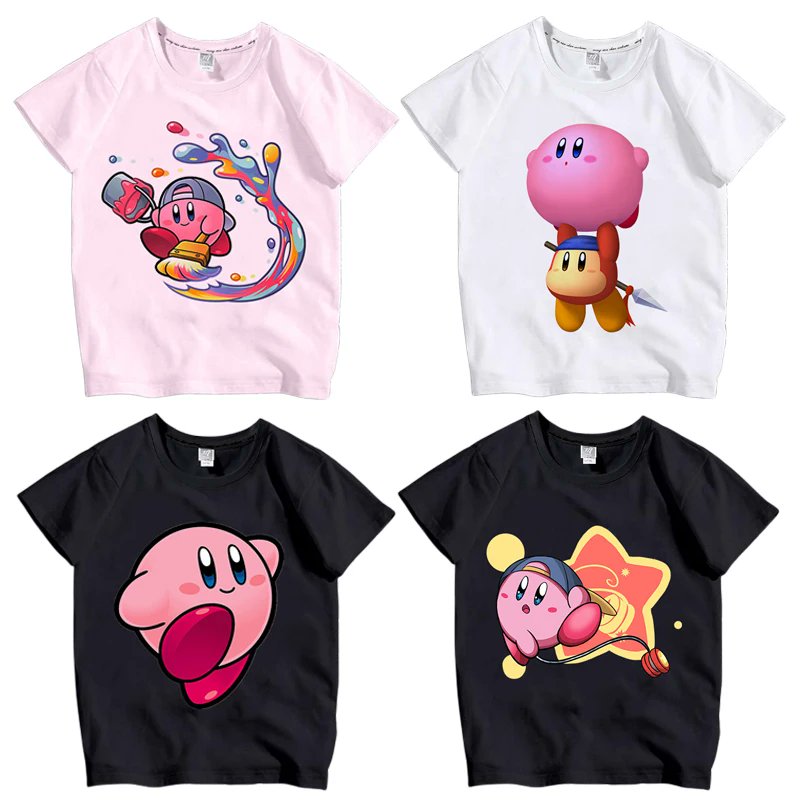 kirbyplush0's tweet card. Name: Cartoon Anime Figures Star Kirby Printing Clothing Short Sleeve T-shirts Material: Flannel Size: 70-4XL   r Adult Children Top T-shirt Pullover