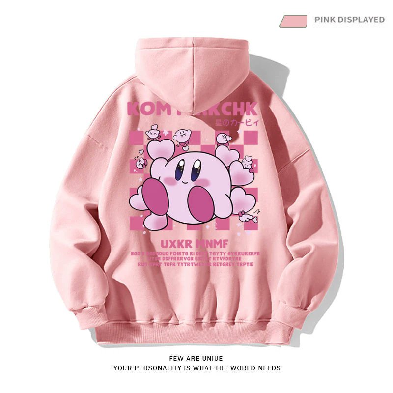 kirbyplush0's tweet card. Name: Kirby Anime Cartoon Character Print Hooded Sweater Hoodies Material: Polyester Size: M-XXL  