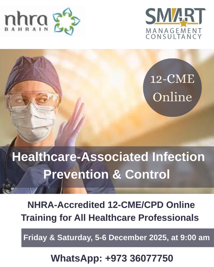 SmartMC_Bh's tweet card. NHRA-Accredited 12-CME/CPD Online Training Approved by the NHRA for All Healthcare Professionals Friday and Saturday, 5-6 December 2025, Starting at 9:00 am, Bahrain