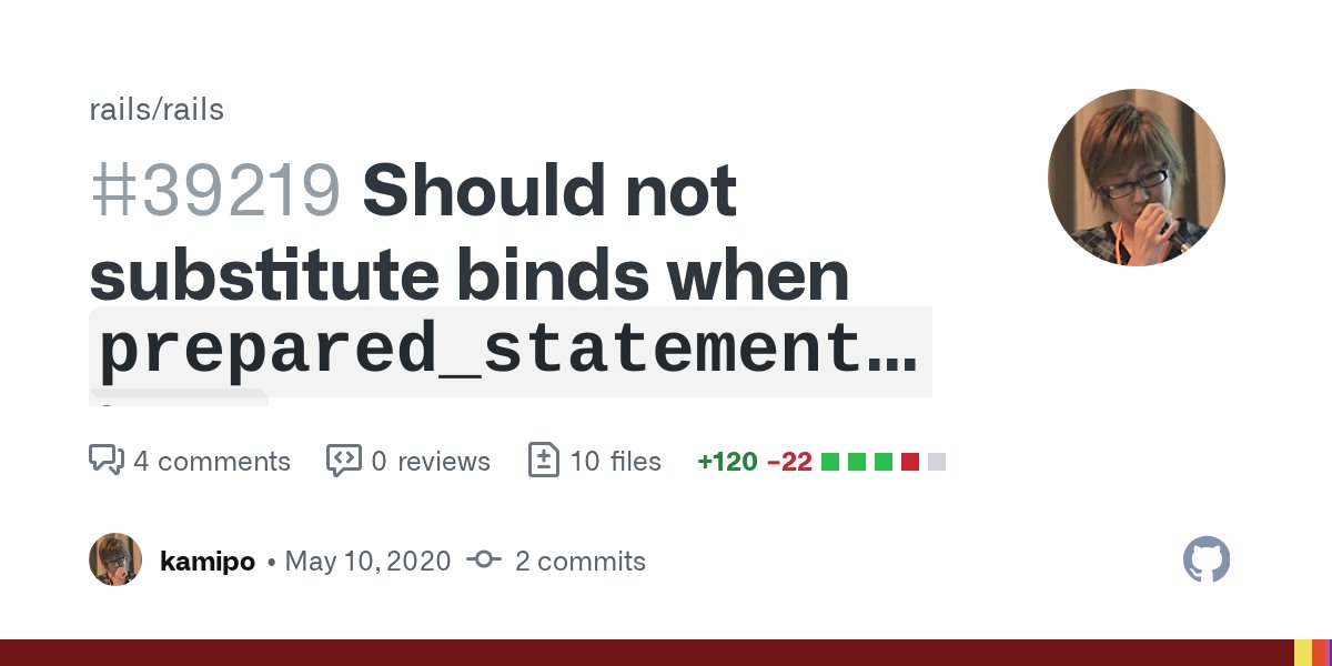 _rails's tweet card. Before IN clause optimization 70ddb8a, Active Record had generated an SQL with binds when prepared_statements: true: # prepared_statements: true # # SELECT `authors`.* FROM `authors` WHERE `autho...