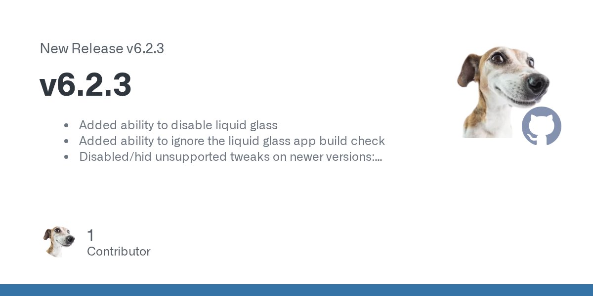 LeminLimez's tweet card. Added ability to disable liquid glass Added ability to ignore the liquid glass app build check Disabled/hid unsupported tweaks on newer versions: Hid disabling the metal HUD and resolution changer...