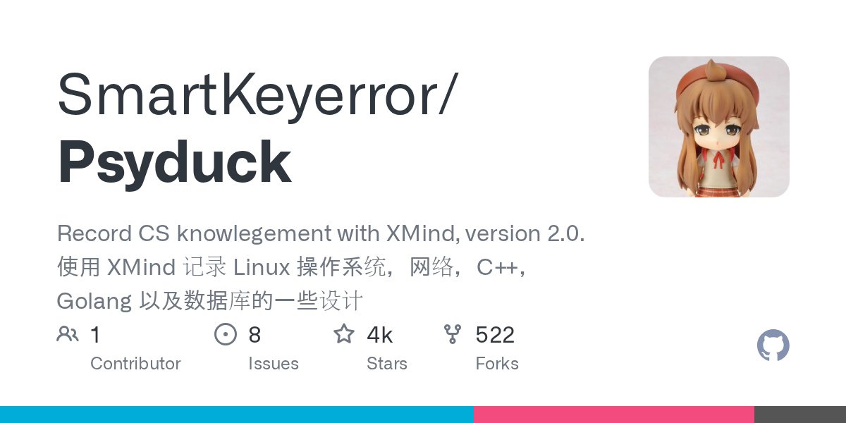 TrendingGolang's tweet card. Record CS knowlegement with XMind, version 2.0. 使用 XMind 记录 Linux 操作系统，网络，C++，Golang 以及数据库的一些设计 - SmartKeyerror/Psyduck