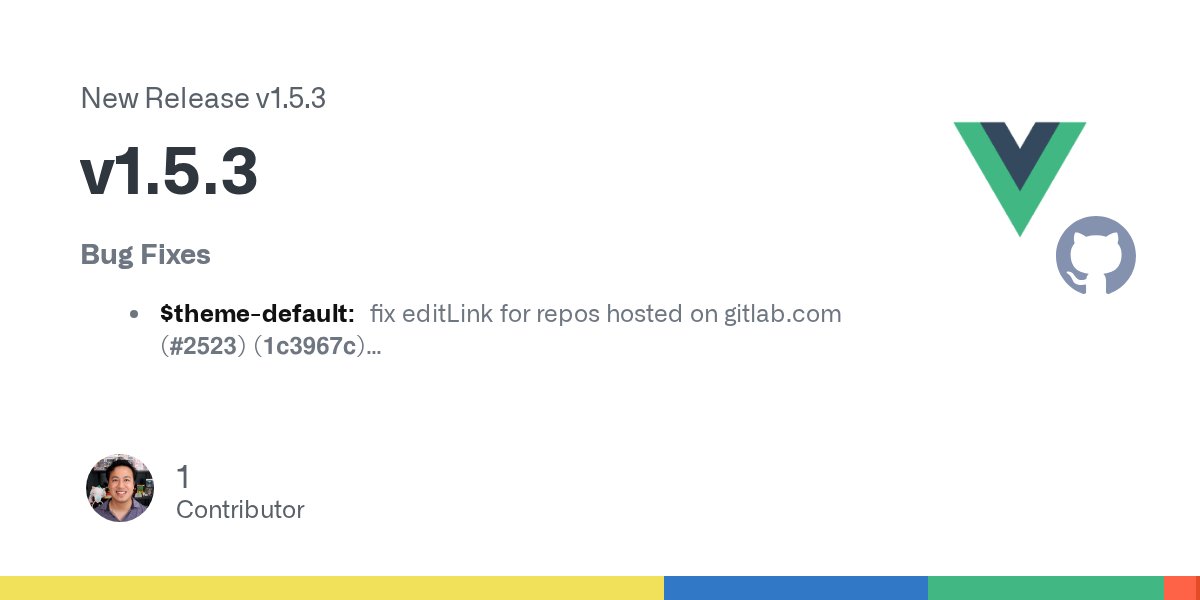 vuepressjs's tweet card. Bug Fixes $theme-default: fix editLink for repos hosted on gitlab.com (#2523) (1c3967c) add toml dependencyt to shared-utils (b858a6e) regular files should not be executable (#2535) (ffb8527) $the...