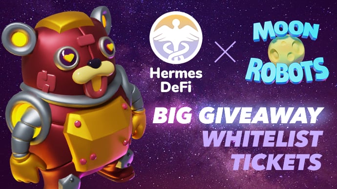hermesdefi's tweet card. Get involved with the Hermes and Moon Robots communities for your chance to win a variety of prizes! These include: 1000 $PLTS 180 Bronze Whitelist Tickets 50 Silver Whitelist Tickets