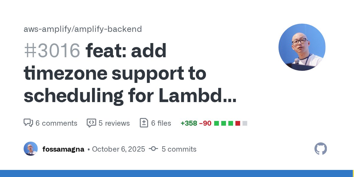fossamagna's tweet card. Problem Function schedules are powered by Amazon EventBridge rules, so not supported timezone. Migrate EventBridge Scheduler to support timezone. Issue number, if available: fix #3008 Changes Add...