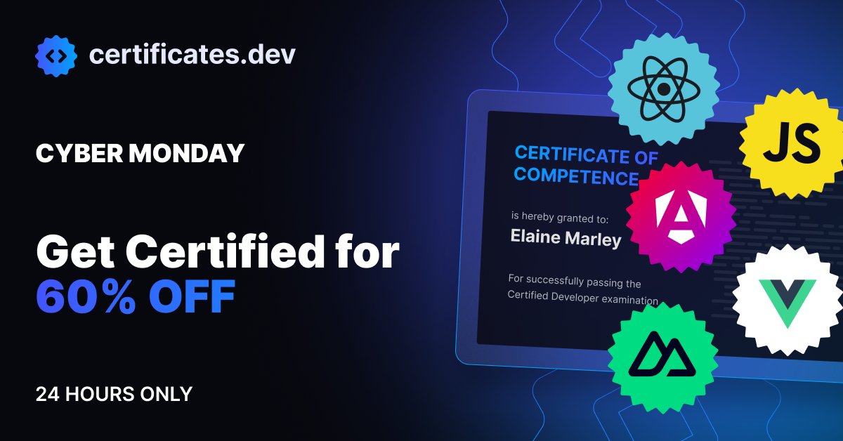 CertificatesDev's tweet card. Get Certified! Have your developer skills validated and stand out in the crowd for promotions and new positions.