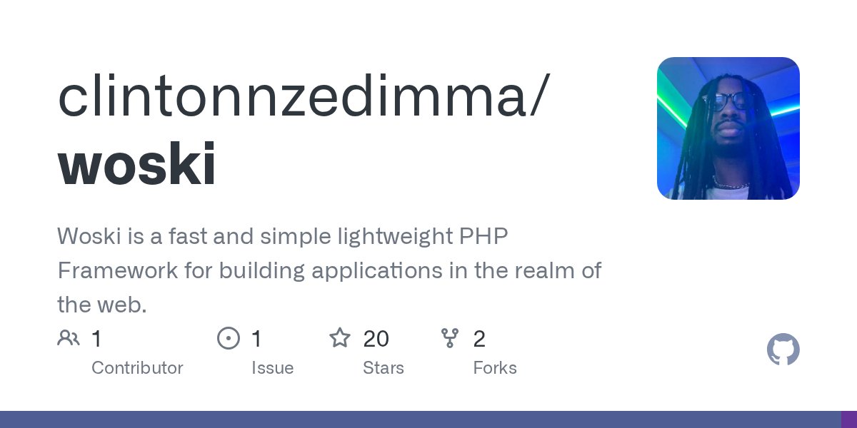 woskiphp's tweet card. Woski is a fast and simple lightweight PHP Framework for building applications in the realm of the web. - GitHub - clintonnzedimma/woski: Woski is a fast and simple lightweight PHP Framework for b...