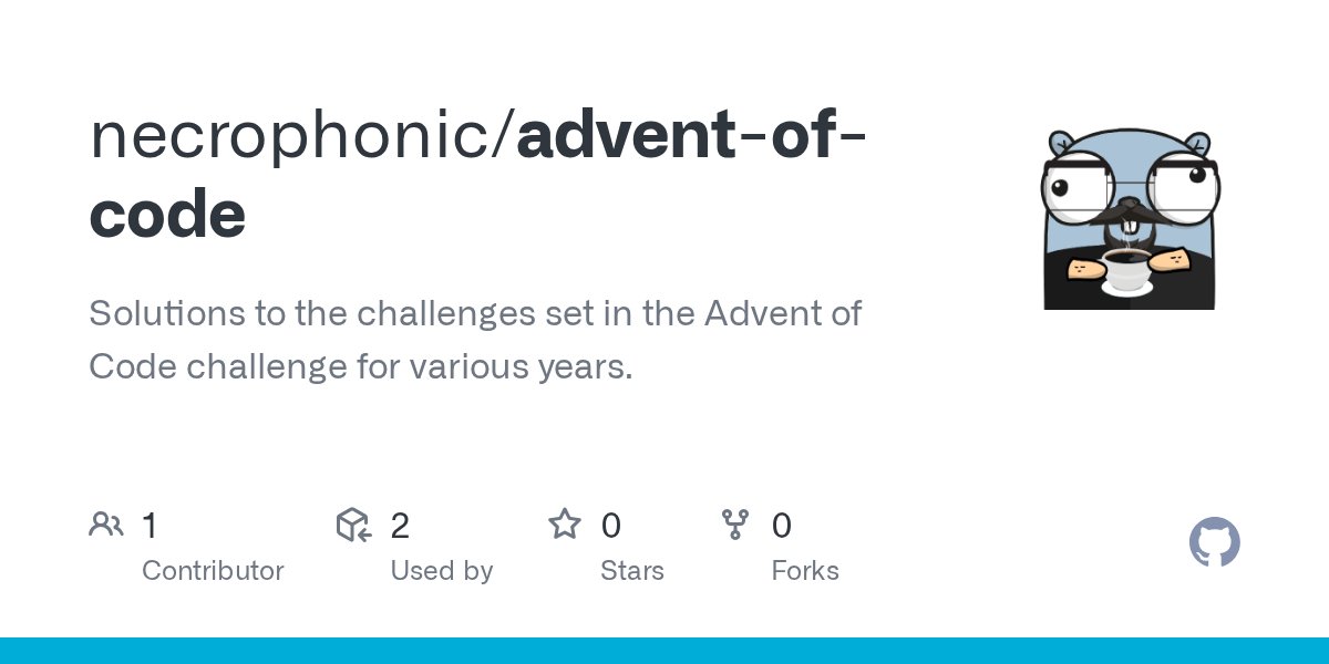 n3crophonic's tweet card. Solutions to the challenges set in the Advent of Code challenge for various years. - necrophonic/advent-of-code