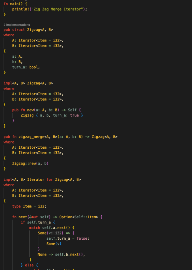 mariusb's tweet card. The task involves creating an iterator that merges two input iterators of i32 by alternating values from each until both are exhausted. The solution includes a Zigzag struct with a next method for …
