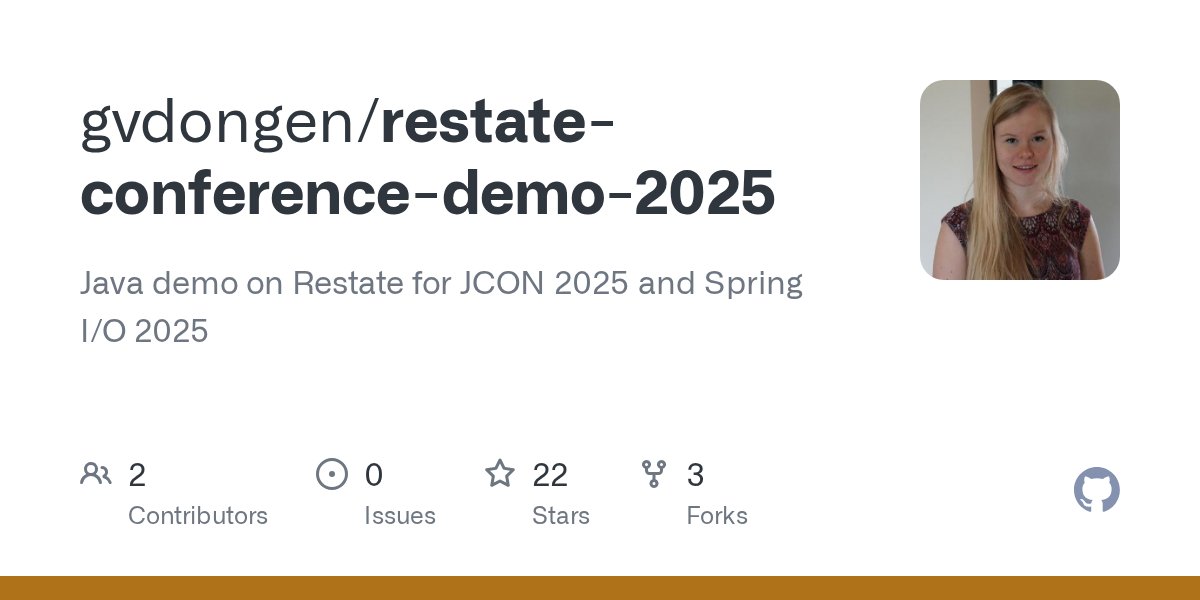 spring_io's tweet card. Java demo on Restate for JCON 2025 and Spring I/O 2025 - GitHub - gvdongen/restate-conference-demo-2025: Java demo on Restate for JCON 2025 and Spring I/O 2025