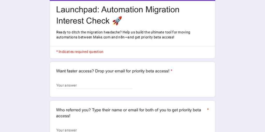 SumanSa45225768's tweet card. Ready to ditch the migration headache? Help us build the ultimate tool for moving automations between Make.com and n8n—and get priority beta access!