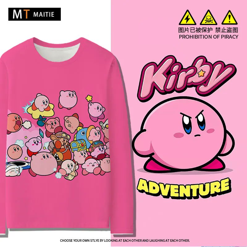 kirbyplush0's tweet card. Name: Kirby Cartoon Pink Doll Pattern Long Sleeves Shirts Material: Polyester Size: 140-XXL  