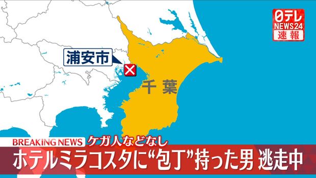 tdr_doria's tweet card. 警察によりますと、1日、千葉・浦安市の東京ディズニーシー・ホテルミラコスタで、パーティー中に男が包丁のようなものをちらつかせて会場に入ってきたということです。男は、そのまま逃走したということです。ケガ