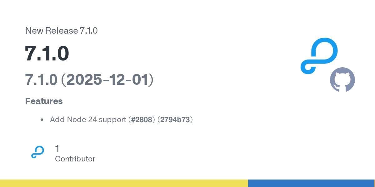 ParsePlatform's tweet card. 7.1.0 (2025-12-01) Features Add Node 24 support (#2808) (2794b73)