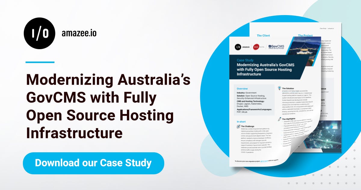 amazeeio's tweet card. Discover how we modernized Australia's GovCMS with open source Drupal hosting, enhancing security and scalability for 310+ government sites.