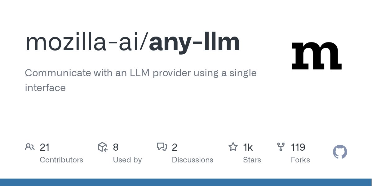 pythontrending's tweet card. Communicate with an LLM provider using a single interface - mozilla-ai/any-llm