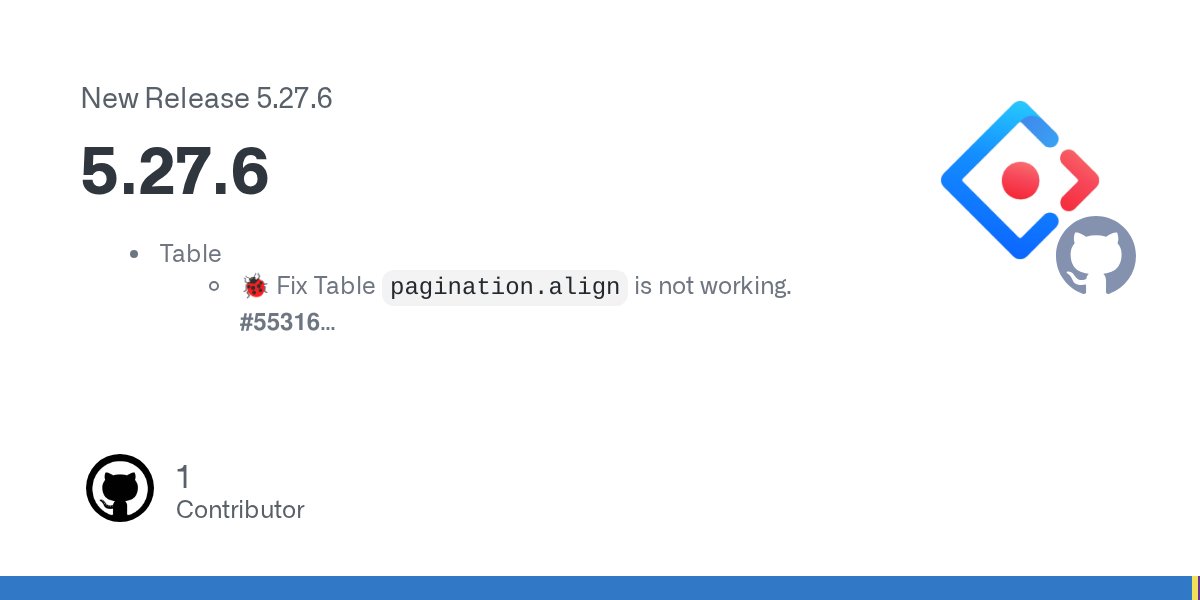 AntDesignUI's tweet card. Table 🐞 Fix Table pagination.align is not working. #55316 🛠 Add Table missing useMemo capability to spinProps. #55344 🛠 Refactor Modal useMemo of ConfirmDialog to resolve useMemo invalid where ...