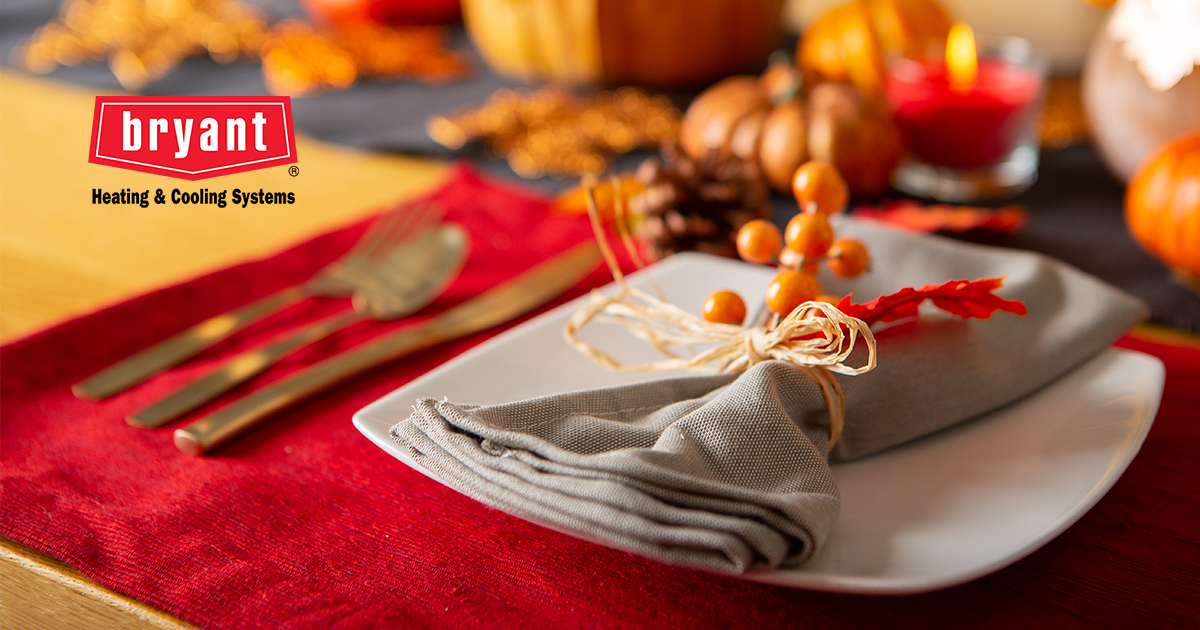 Advhtginc's tweet card. Before the turkey hits the table, ensure your home is perfectly comfortable. Schedule HVAC maintenance and enjoy a warm and inviting home. #BryantPromo