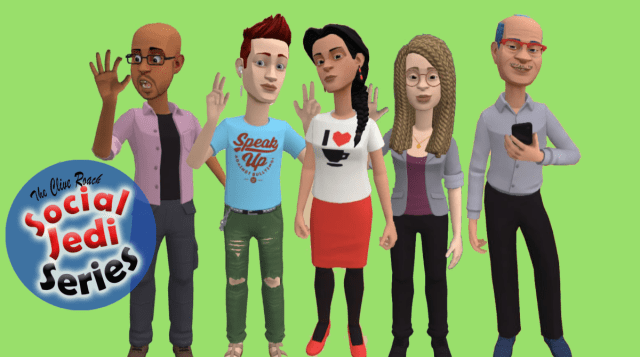 JediSocialMedia's tweet card. The social media marketing team is lead by Clive and consists of Sofia, Karen, Rod and his A.I. robot.