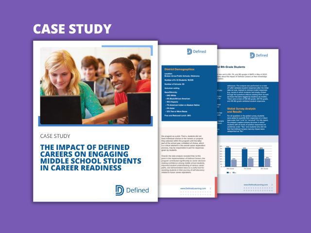DefinedLearning's tweet card. In this case study, you'll learn how Broken Arrow Public Schools engaged their middle-school students in career exploration with the help of Defined Careers.