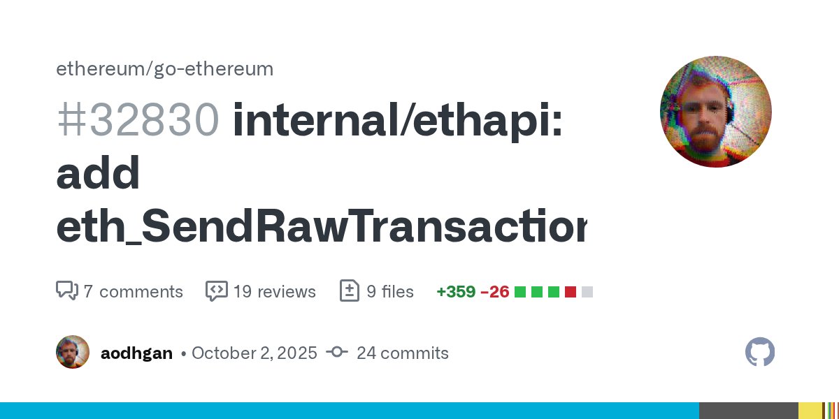 go_ethereum's tweet card. New RPC method eth_sendRawTransactionSync(rawTx, timeoutMs?) that submits a signed tx and blocks until a receipt is available or a timeout elapses. Uses a ChainEvent subscription to grep receipts a...