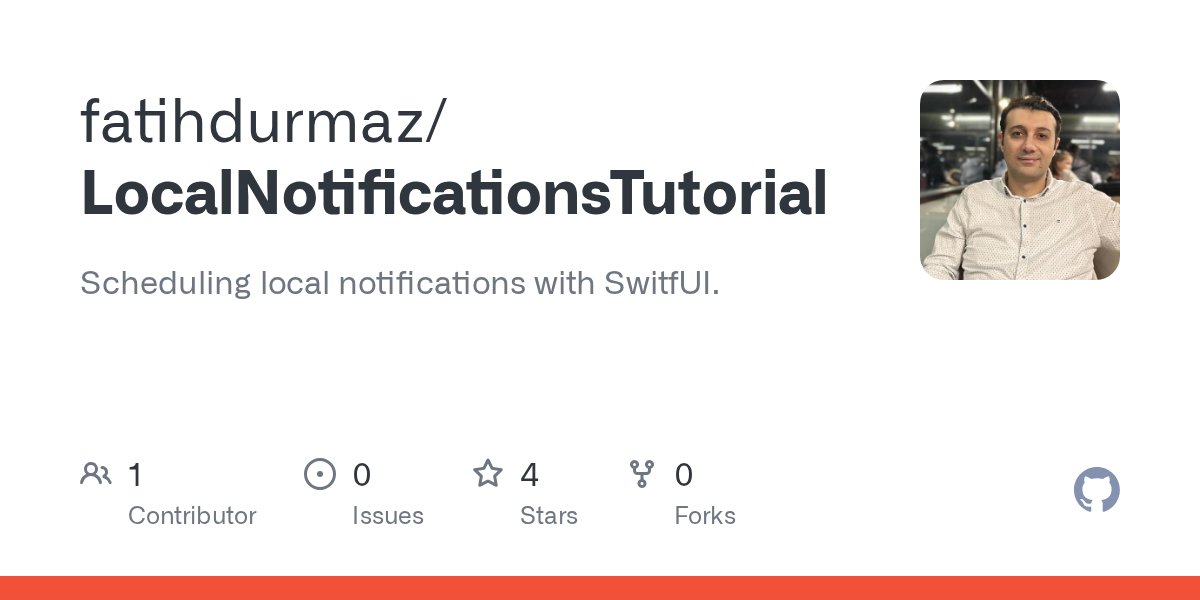 fatihiosdev's tweet card. Scheduling local notifications with SwitfUI. Contribute to fatihdurmaz/LocalNotificationsTutorial development by creating an account on GitHub.
