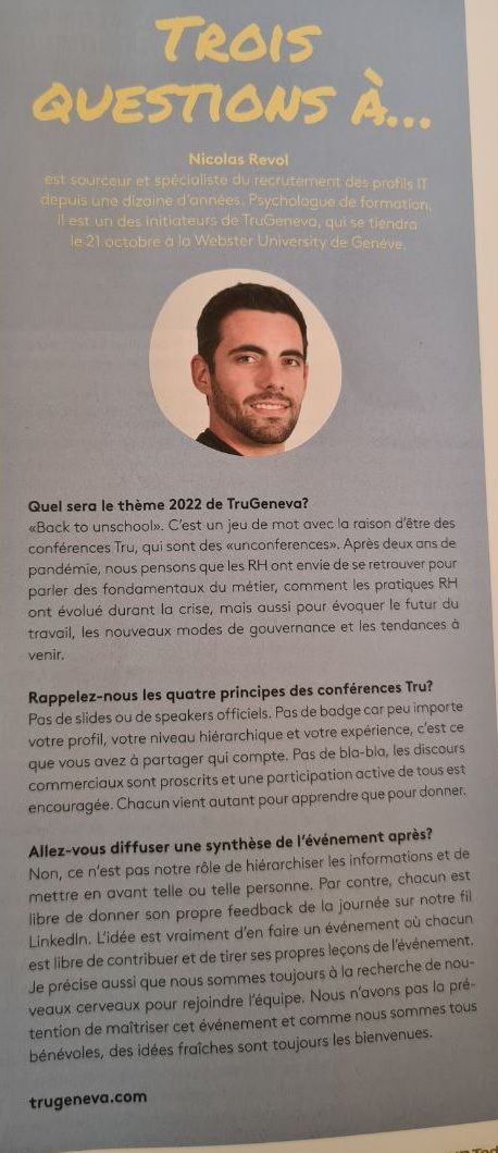 Source2Rec's tweet card. On parlait de #truGeneva dans le numéro de septembre de HR Today. Tout est dans l'image et c'est le 21 octobre à Genève ! Si vous n'avez pas encore pris vos places, c'est par ici 👇👇👇 TruGeneva...